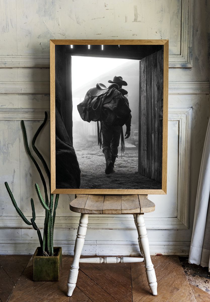 Cowboy in Barn Doorway Black-White Poster. — room view 1