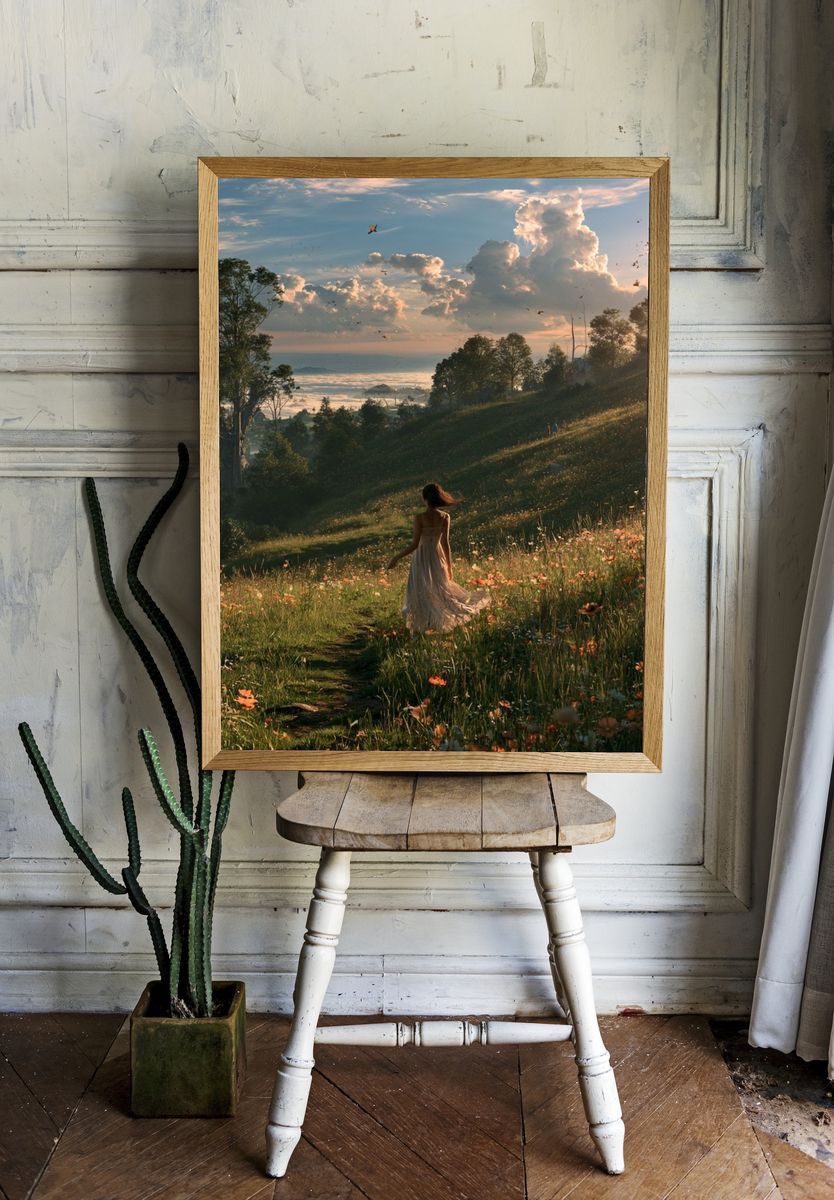 Sunlit Meadow Walk Photography Poster. room preview