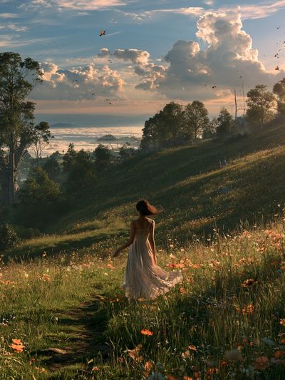 Sunlit Meadow Walk Photography Poster.