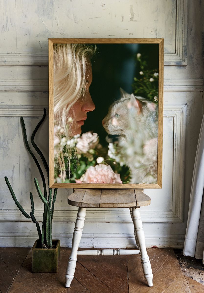 Girl and Cat Floral Portrait Poster. — room view 1