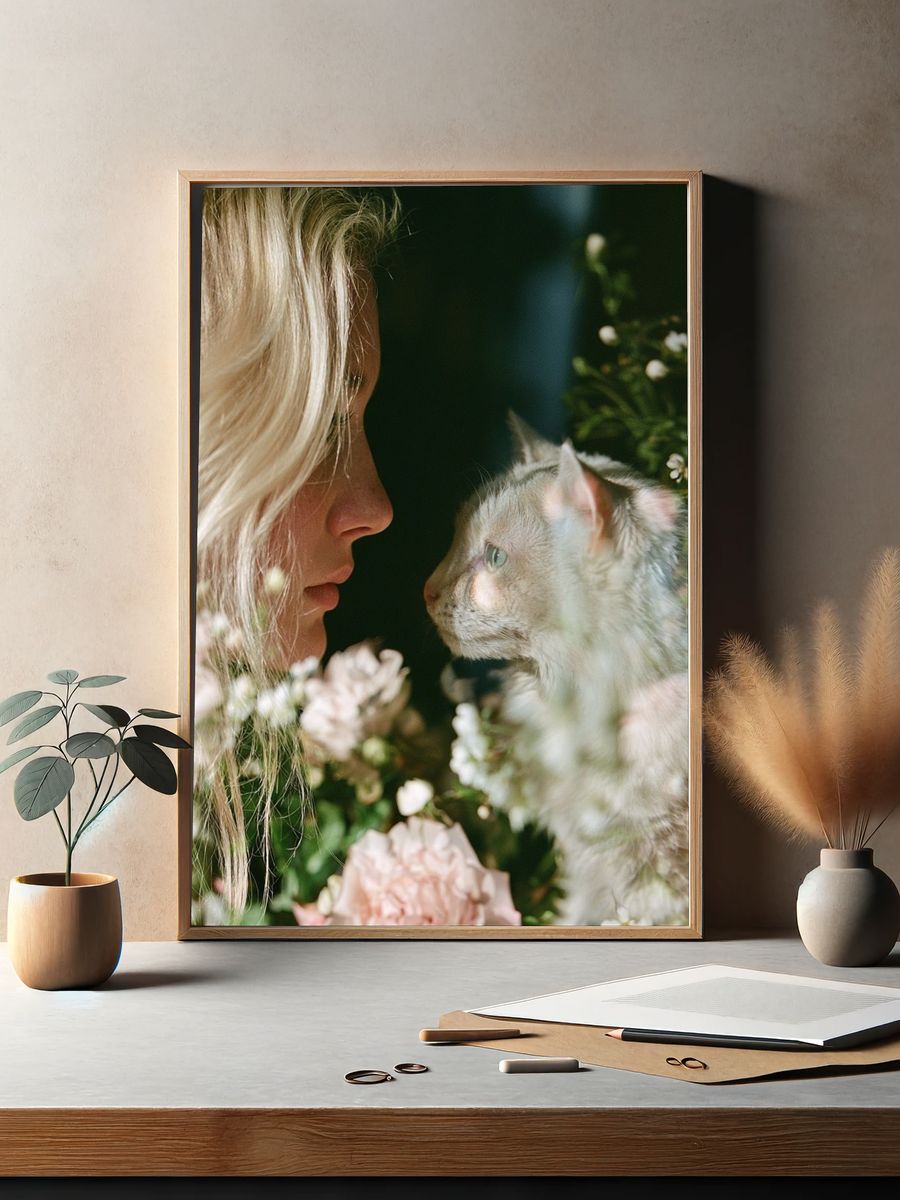 Girl and Cat Floral Portrait Poster. — room view 2