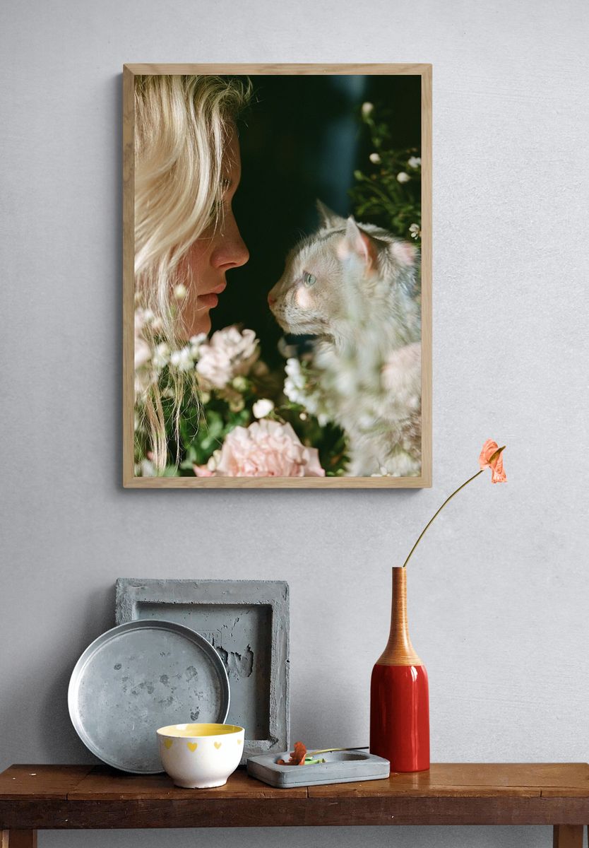 Girl and Cat Floral Portrait Poster. — room view 3