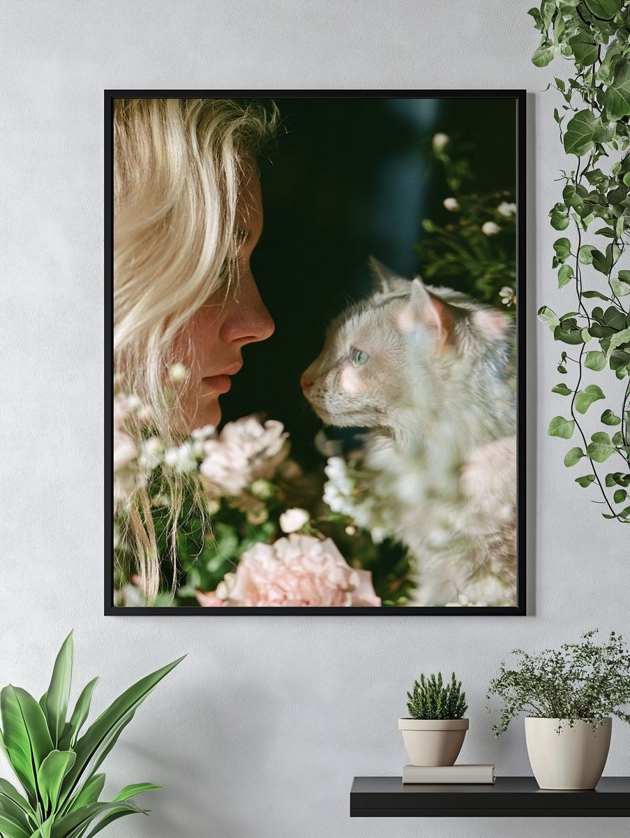 Girl and Cat Floral Portrait Poster. — room view 4