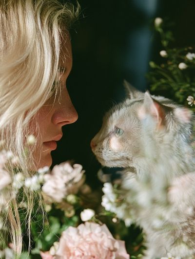 Girl and Cat Floral Portrait Poster. poster