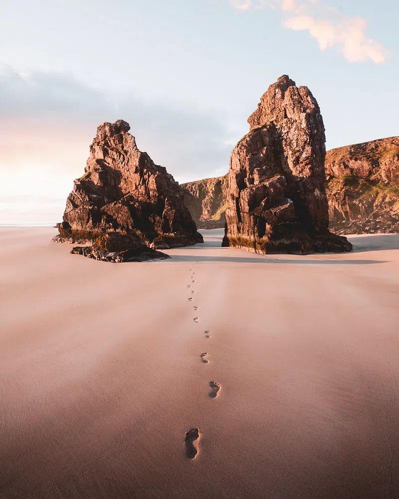 Footsteps sand passing outer Hebrides. poster — photography art