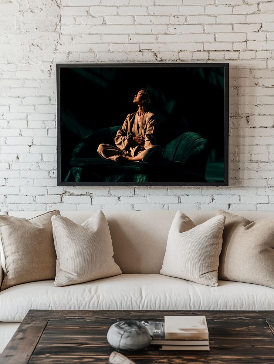 Serene Portrait on Velvet Sofa Poster. — room view 1