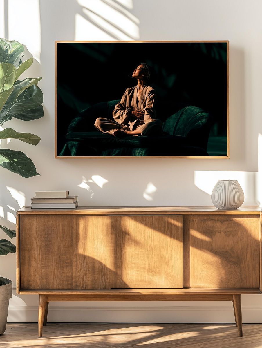 Serene Portrait on Velvet Sofa Poster. — room view 3