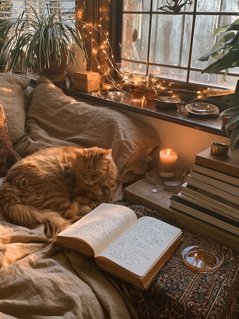 Cozy Cat Reading Nook Photography Poster. poster — photography art