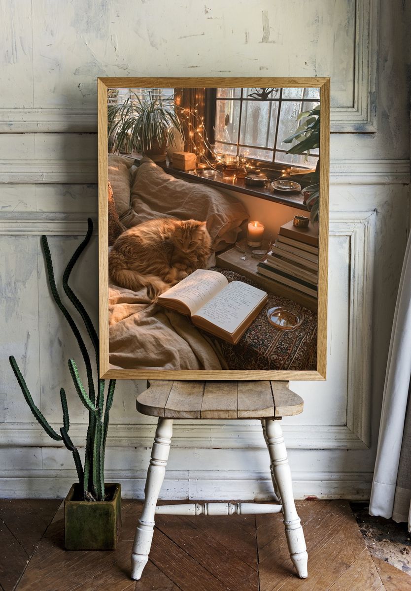 Cozy Cat Reading Nook Photography Poster. — room view 1
