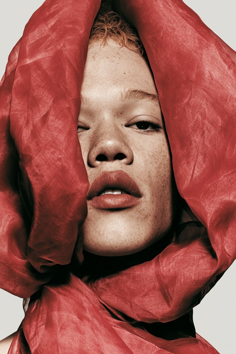 Red Fabric Portrait Photography Print. poster detail