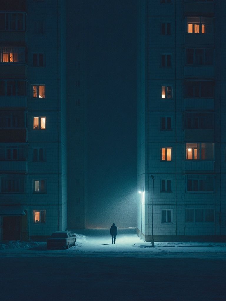 Snowy Apartment Block Night Poster. poster — photography art