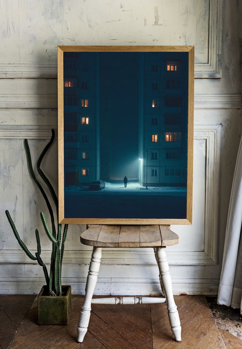 Snowy Apartment Block Night Poster. — room view 1