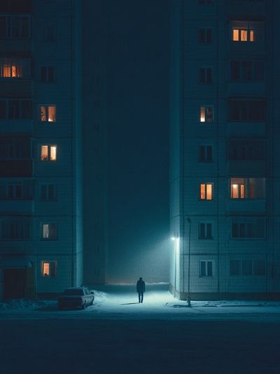 Snowy Apartment Block Night Poster. poster print