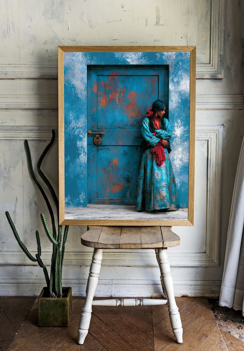 Turquoise Door Portrait Print. room preview