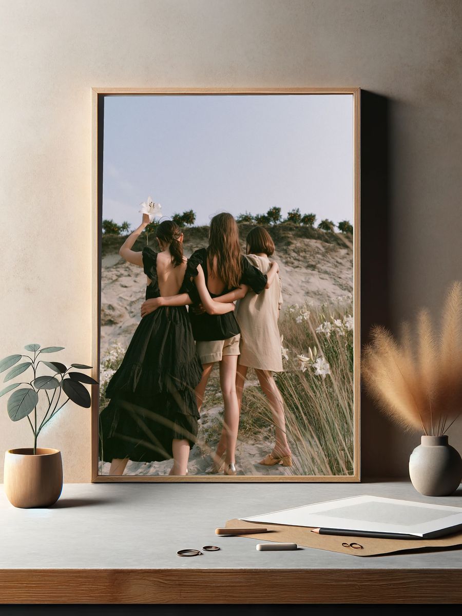 Three Women on Dunes Photography Poster. — room view 2