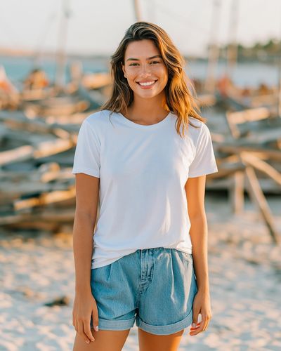 Smiling Woman at the Marina Photography Poster. poster