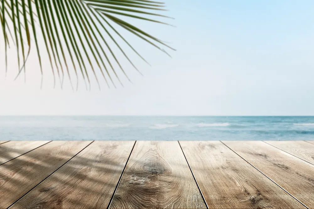 Beach product backdrop wooden counter. poster detail