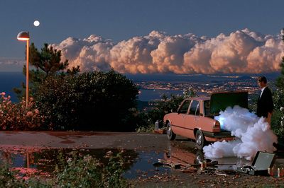 Moonlit Coastal Car Scene Poster. poster