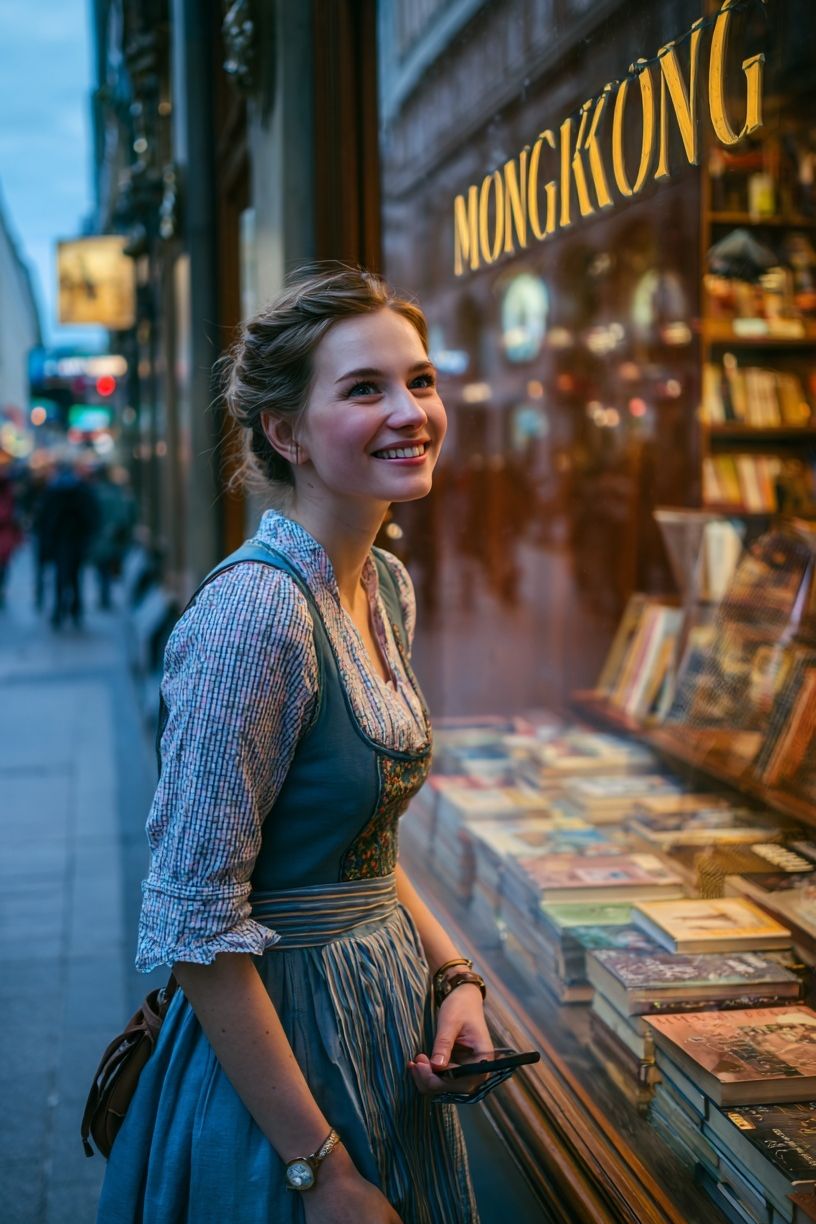 Smiling Woman in Bookshop Photography Poster. poster detail