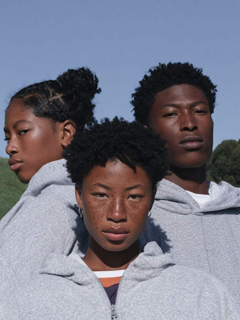 Three Portraits in Grey Hoodie Poster. poster — photography art