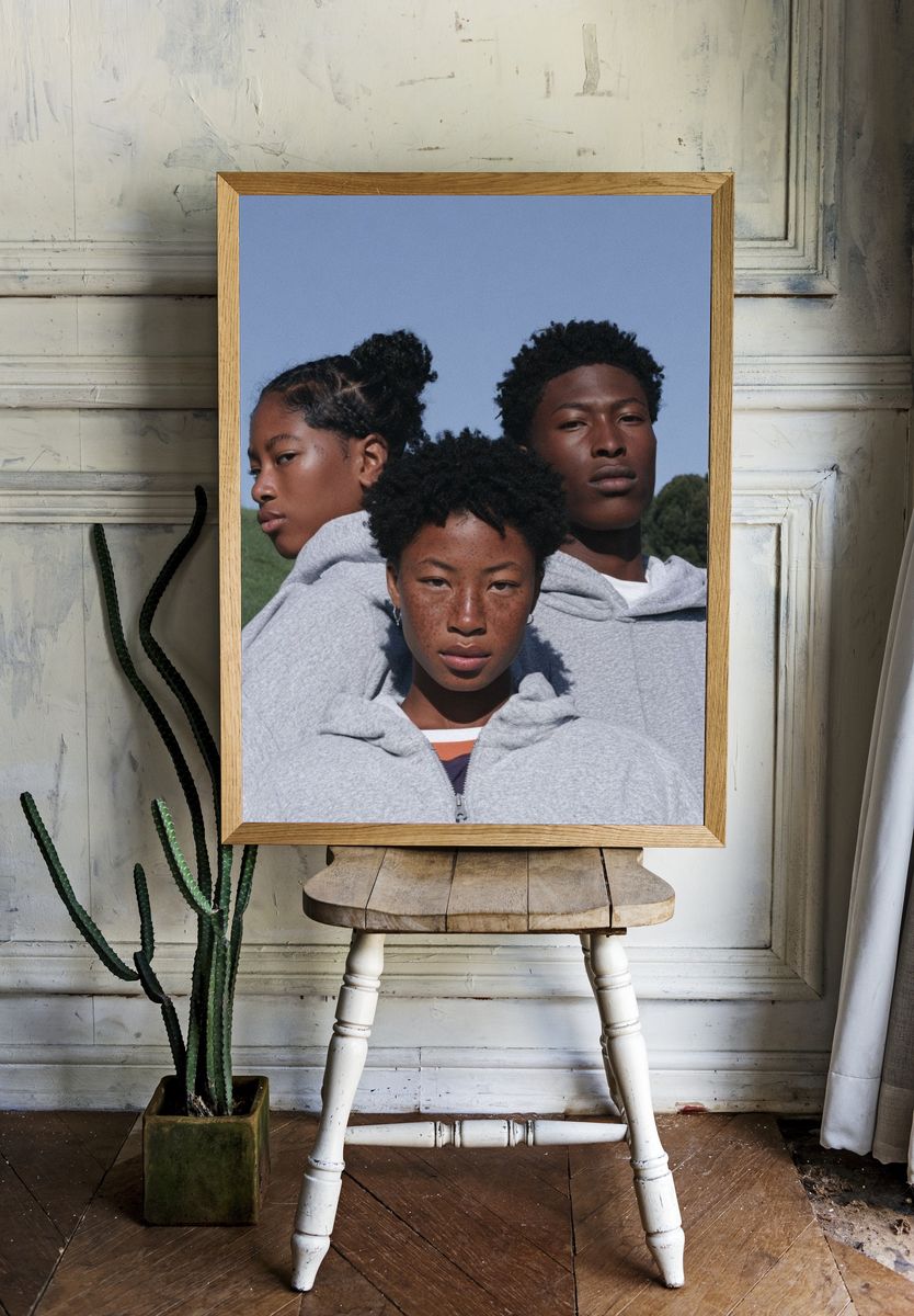 Three Portraits in Grey Hoodie Poster. — room view 1
