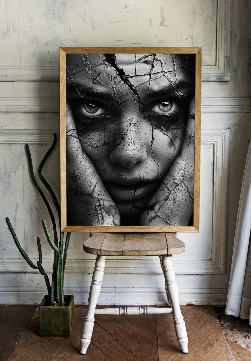 Cracked Face Black-White Portrait Poster. room preview
