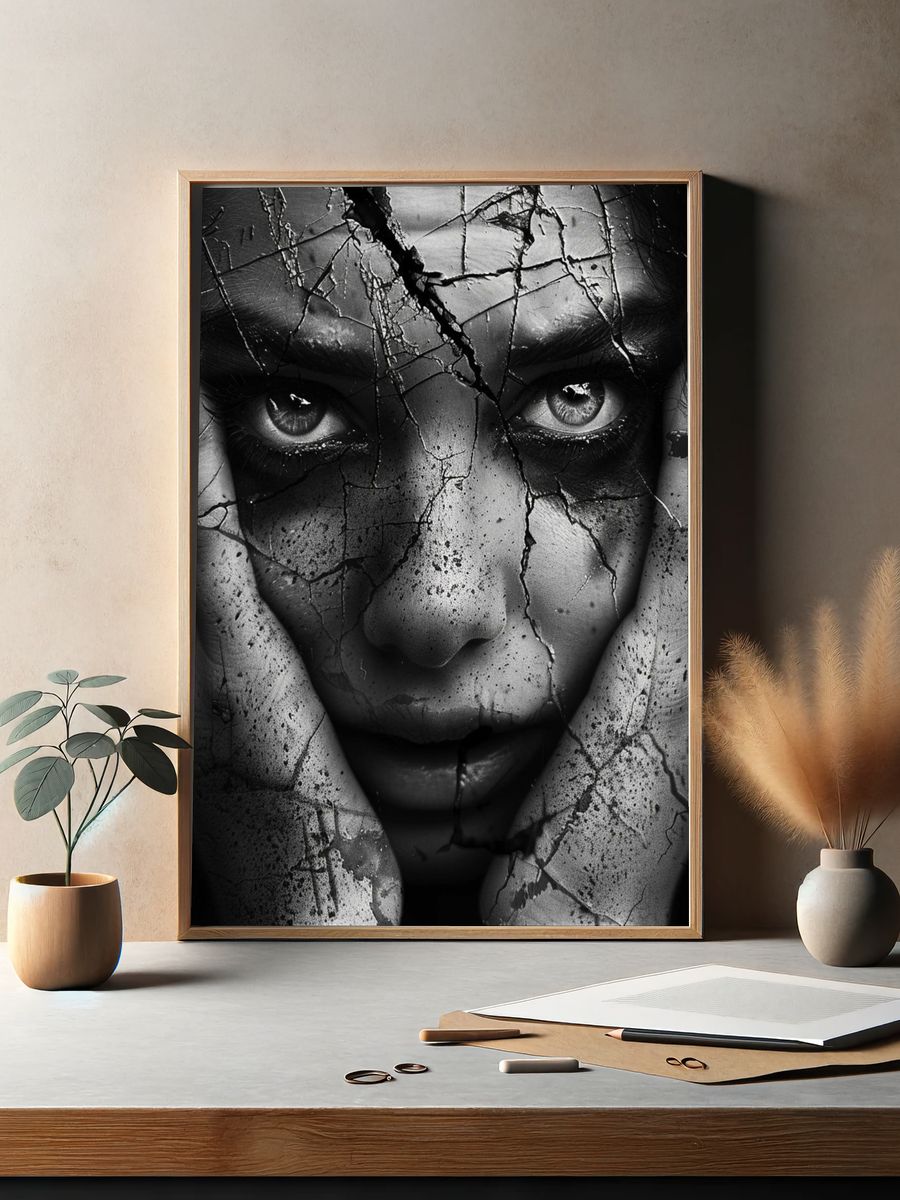 Cracked Face Black-White Portrait Poster. — room view 2