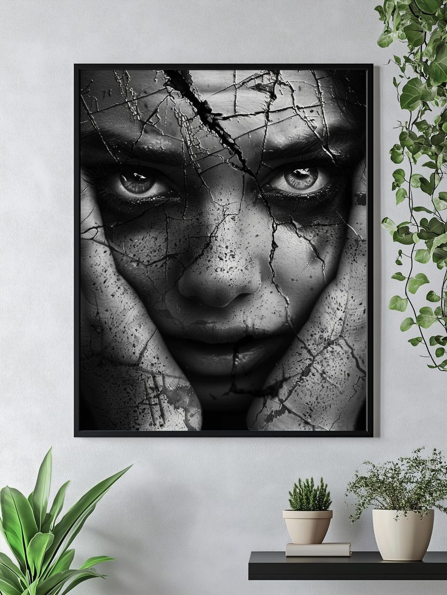 Cracked Face Black-White Portrait Poster. — room view 4