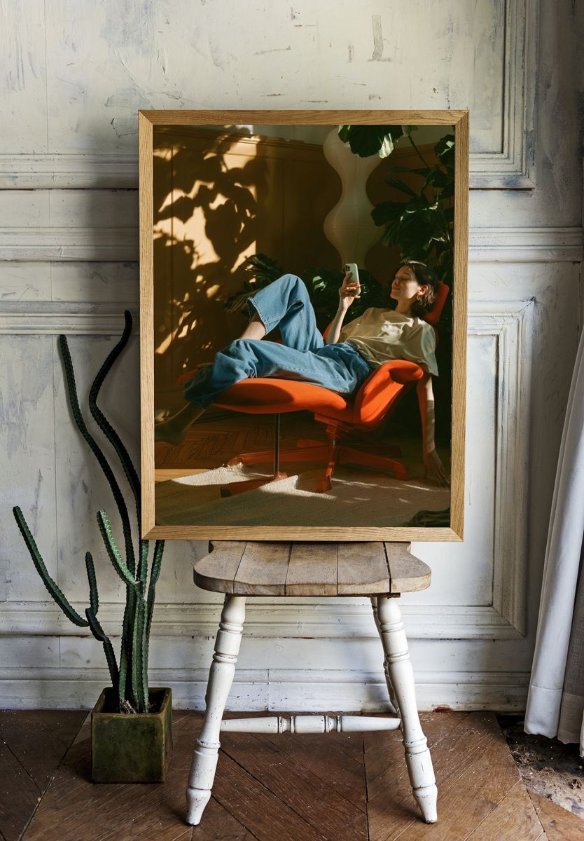 Sunlit Lounge Chair Photography Poster. — room view 1