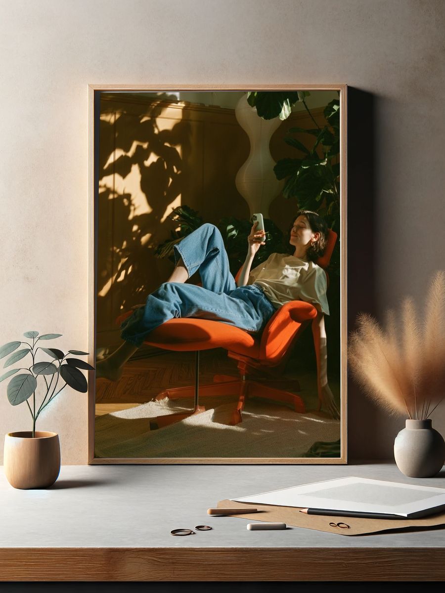 Sunlit Lounge Chair Photography Poster. — room view 2