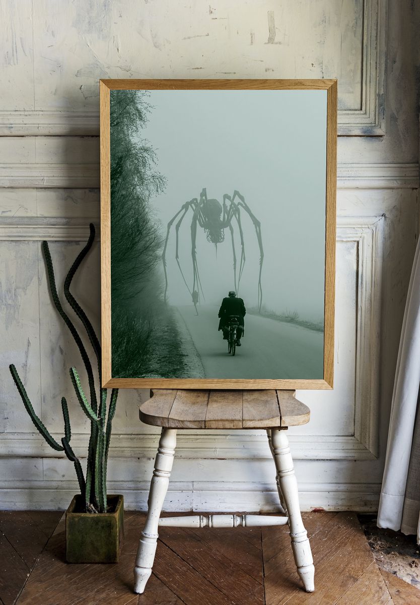 Foggy Spider Encounter Photography Poster. room preview