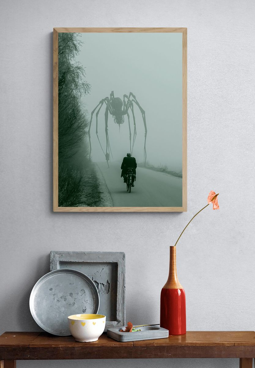Foggy Spider Encounter Photography Poster. — room view 3