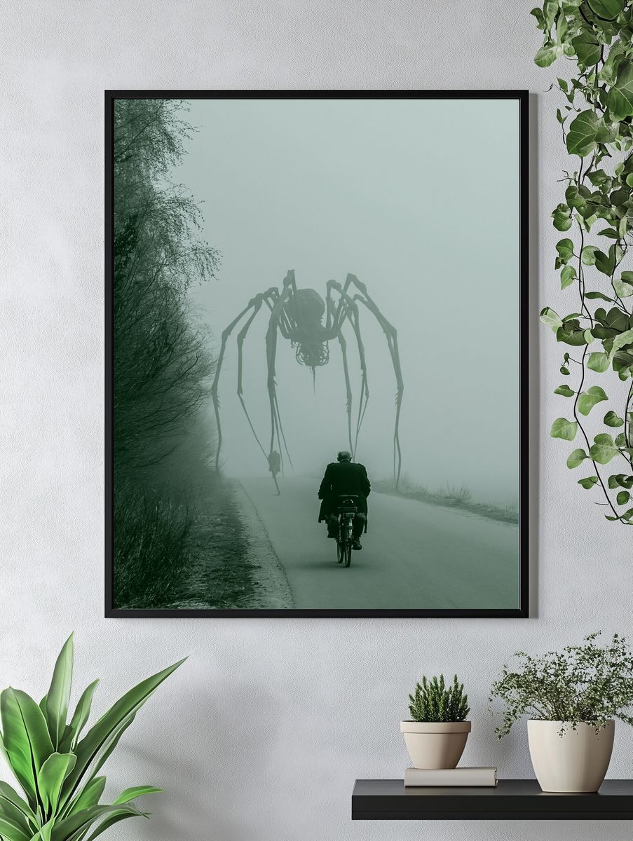 Foggy Spider Encounter Photography Poster. — room view 4
