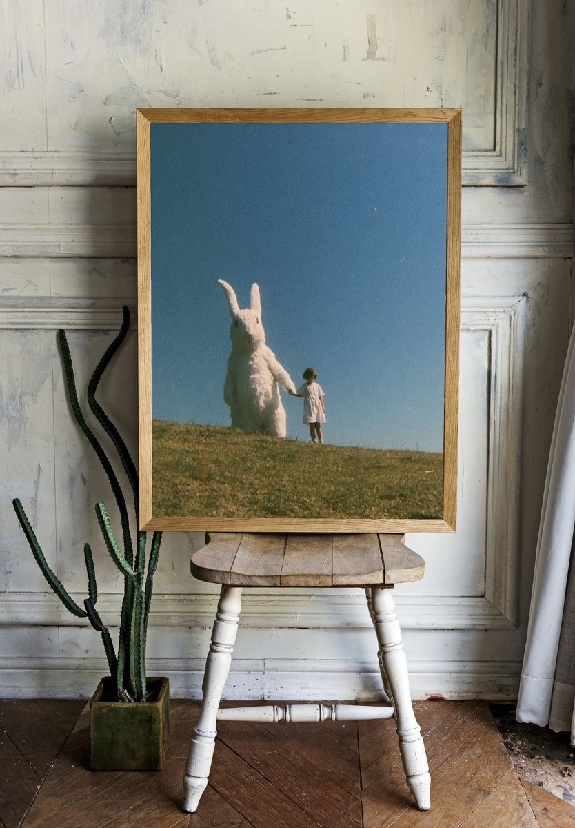 Girl and Giant Rabbit Surreal Print. — room view 1