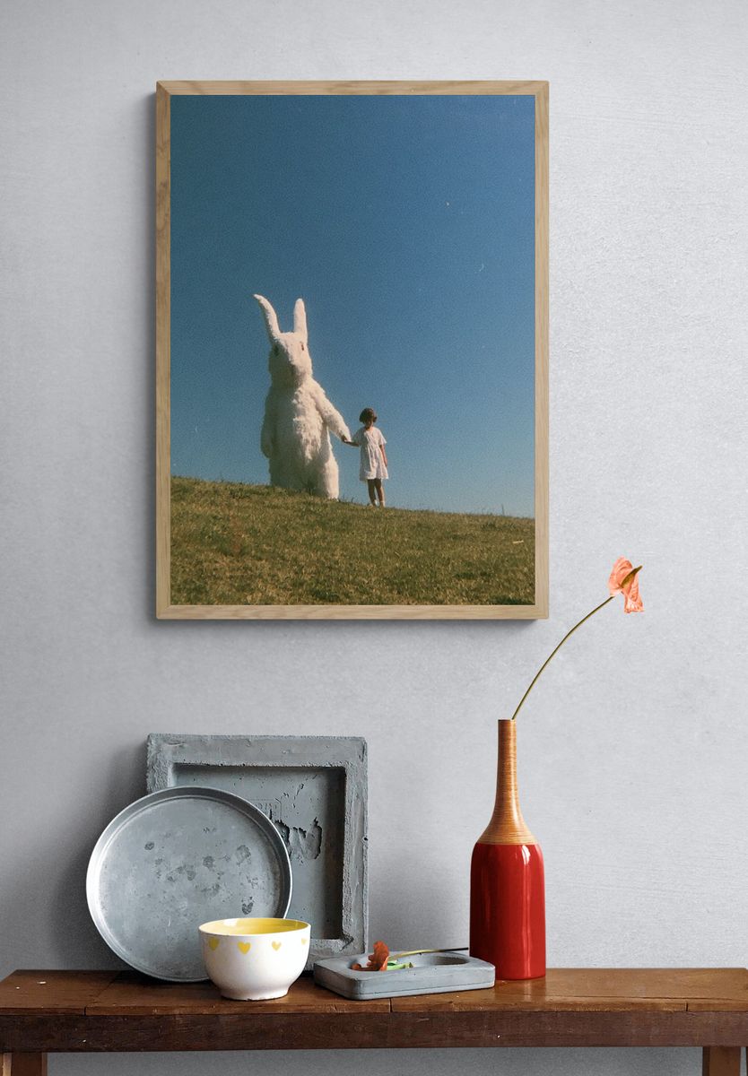 Girl and Giant Rabbit Surreal Print. — room view 3