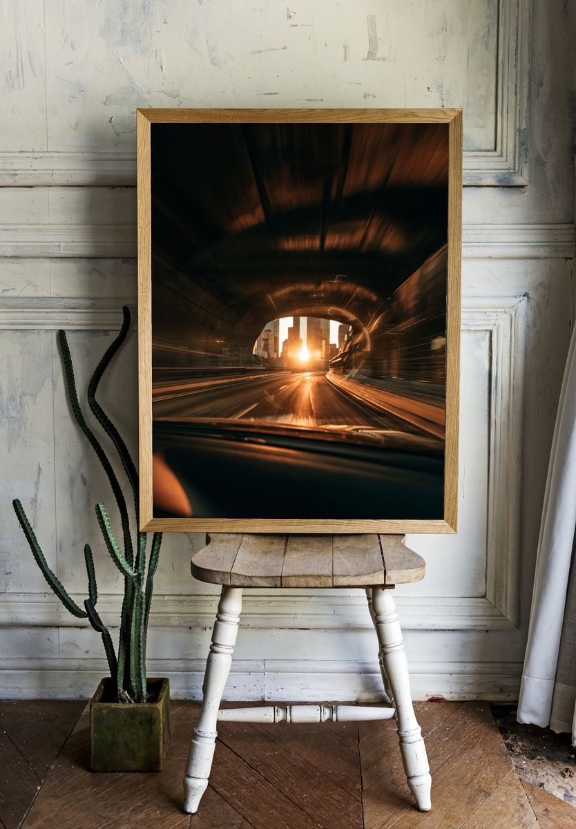 Sunset Tunnel Drive Photography Poster. — room view 1