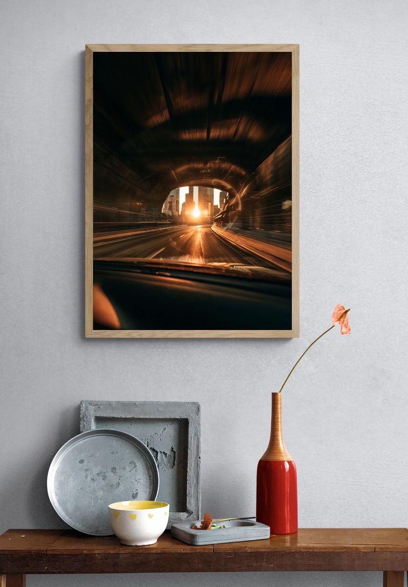 Sunset Tunnel Drive Photography Poster. — room view 3