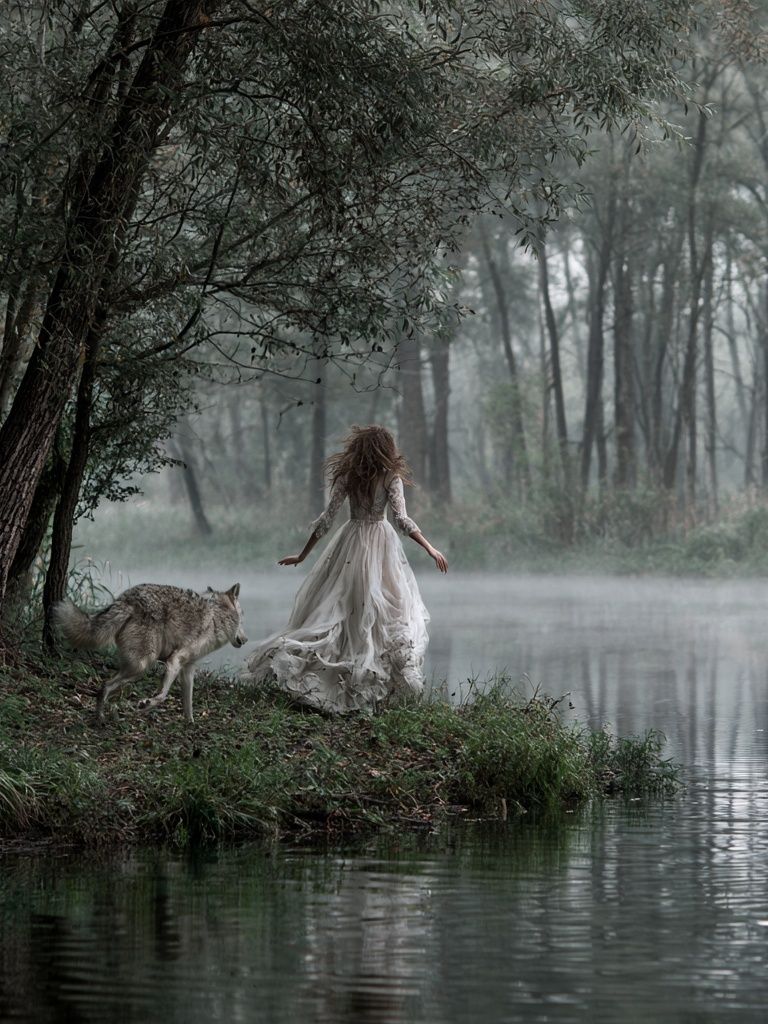Misty Forest Woman and Wolf Print. poster — photography art