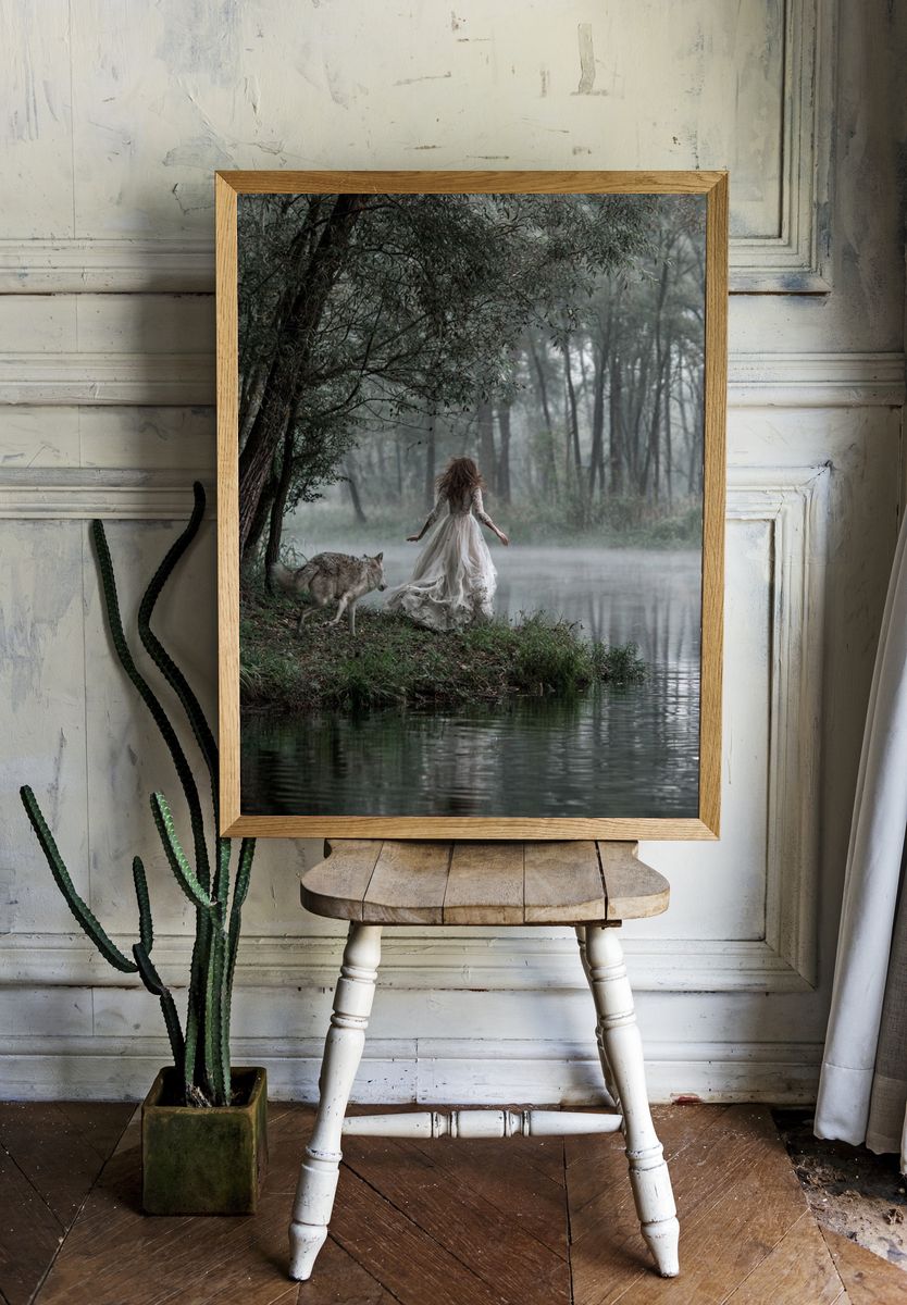 Misty Forest Woman and Wolf Print. — room view 1