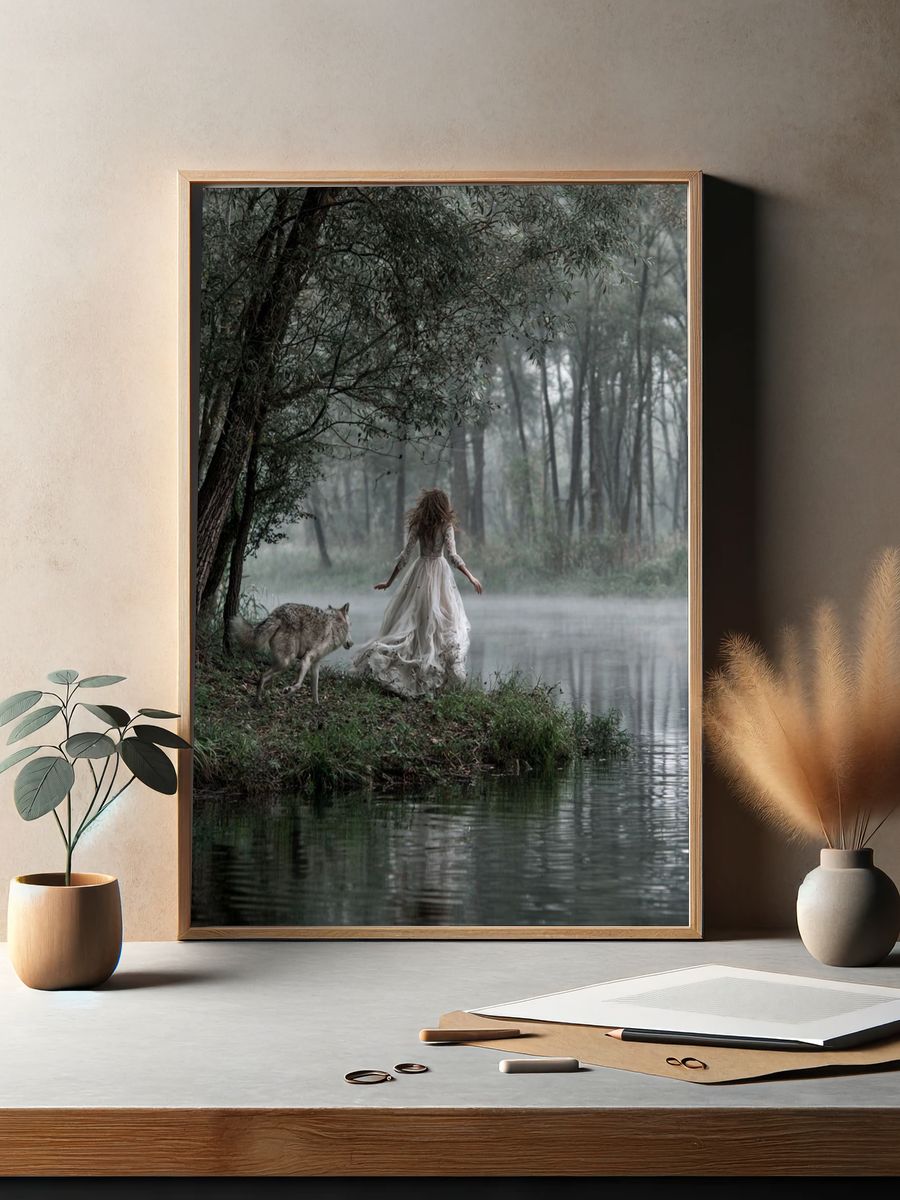 Misty Forest Woman and Wolf Print. — room view 2