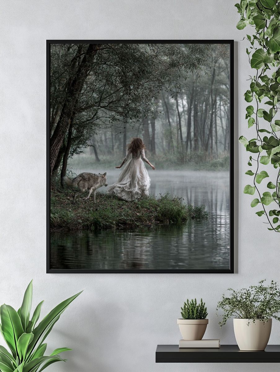 Misty Forest Woman and Wolf Print. — room view 4