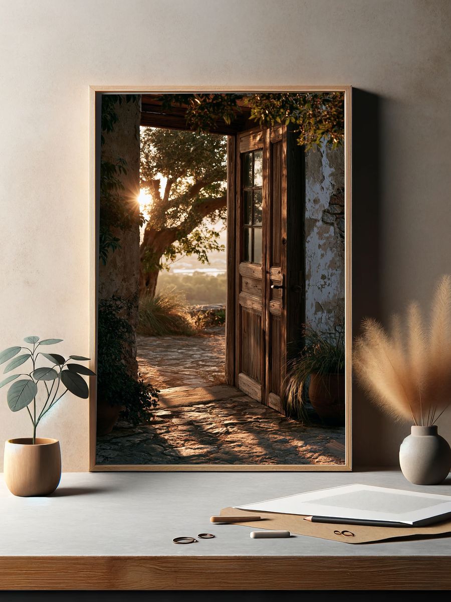Sunlit Rustic Doorway Photography Poster. — room view 2