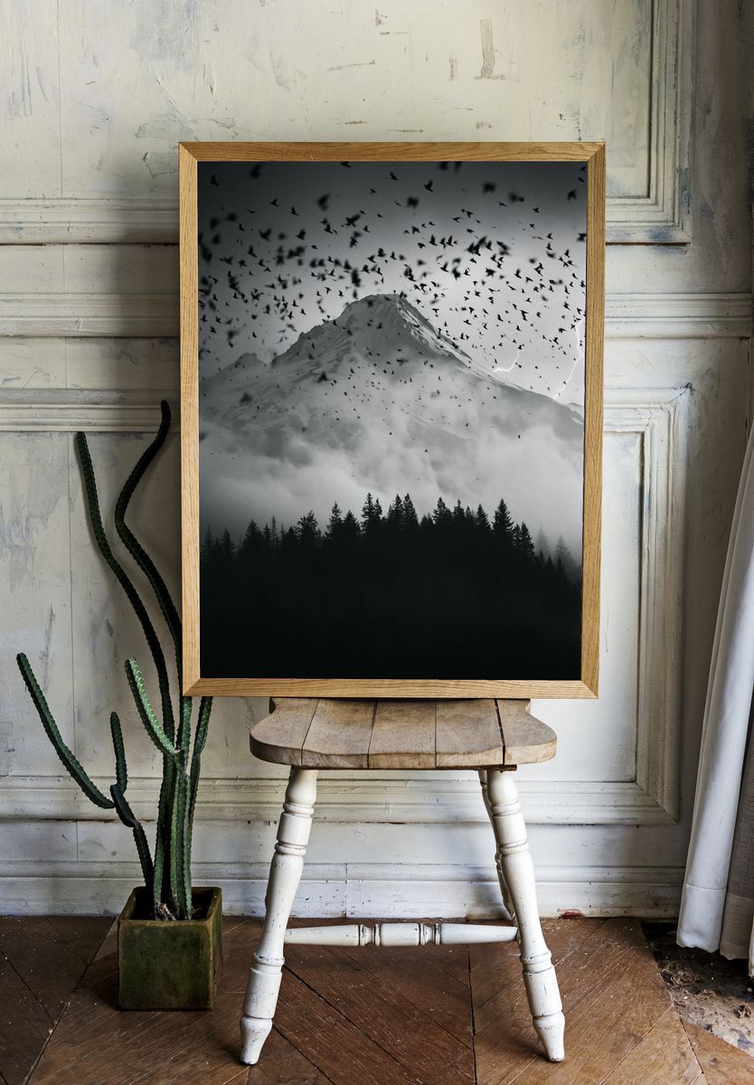 Stormy Mountain Birds Photography Poster. — room view 1