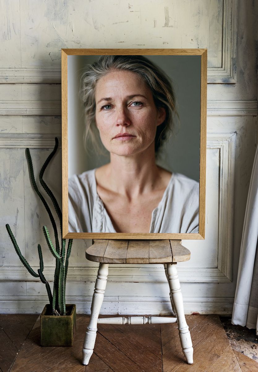 Contemplative Woman Portrait Print. room preview