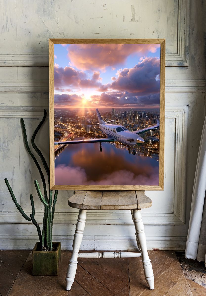 Sunset City Flight Photography Poster. room preview