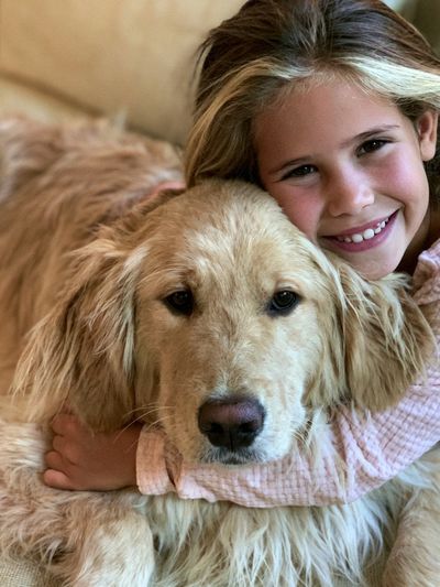 Girl and Golden Retriever Portrait Poster. poster print