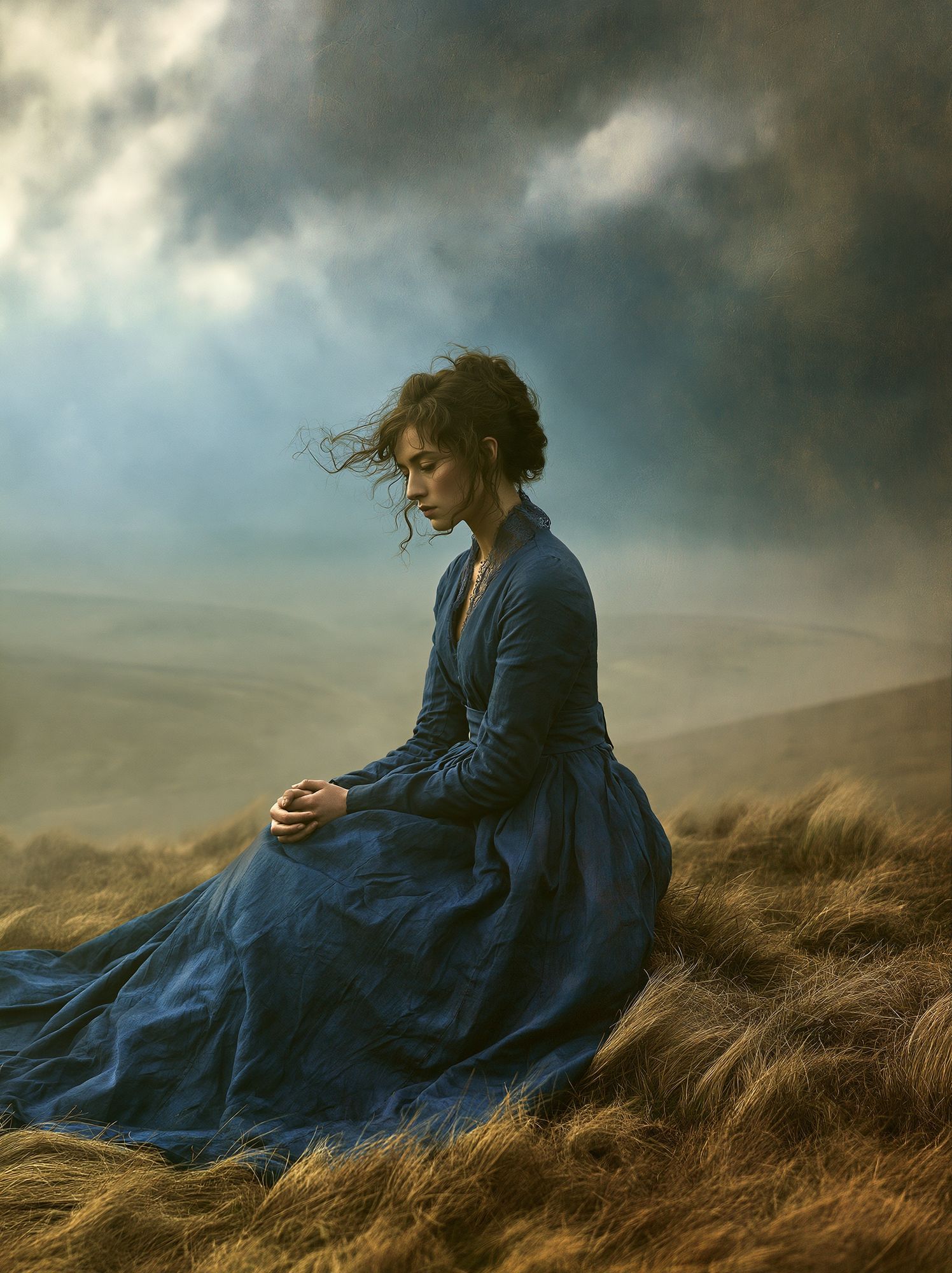 Solitary Woman in Stormy Fields Poster. poster — photography art