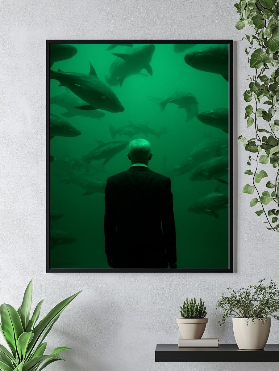 Man in Suit Among Fish — Photography Print. — room view 4