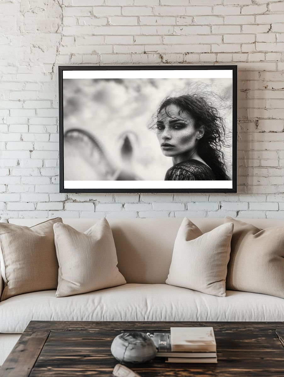 Moody Woman Portrait Black-White Poster. — room view 1