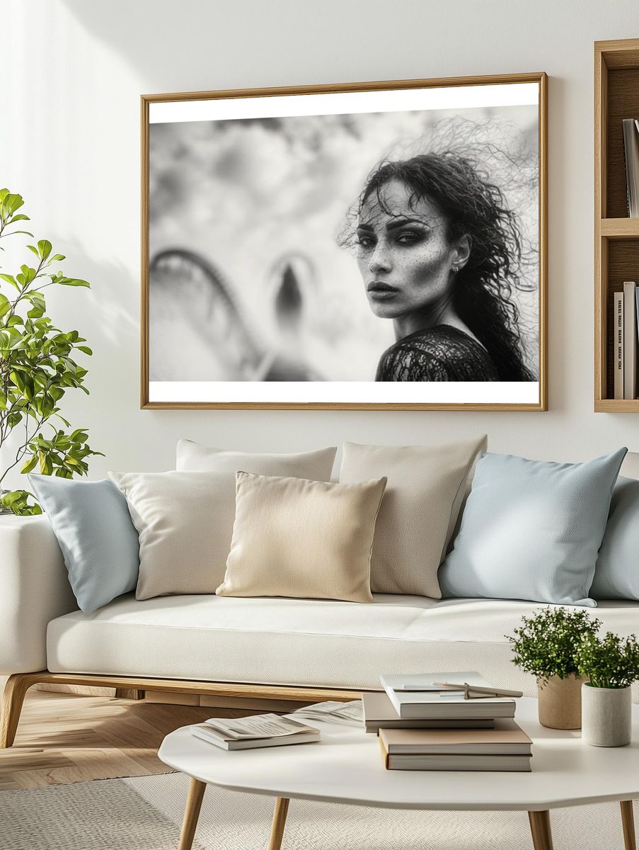 Moody Woman Portrait Black-White Poster. — room view 2